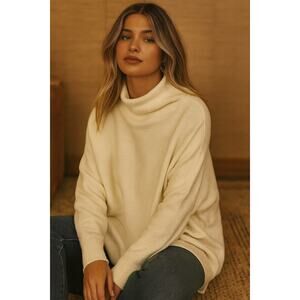 Free People Ottoman Slouchy Tunic Sweater Mock Neck Ivory Cotton Blend | Small